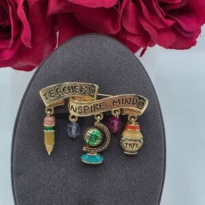 TC Teachers Inspire Minds Brooch Pencil‎ Globe Ink Bottle Charm Pin Gold Tone U